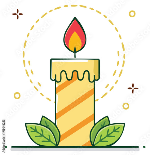 Yellow Candle with Flame and Leaves Illustration