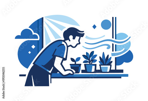 Sunlit Morning Serenity. Morning by the window. Person leaning slightly toward a windowsill filled with plants