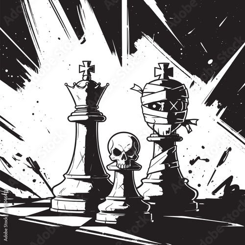 Chess game illustration with king, pawn with skull, and mummy queen on a dramatic background