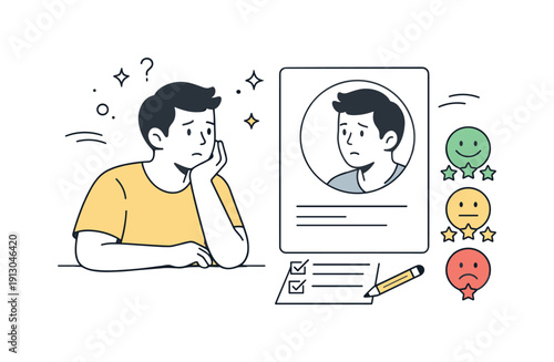 Performance Review Introspection. Performance review anxiety and self-evaluation. A character looking at a reflection or profile card with rating icons nearby.
