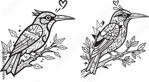 Artistic black and white illustrations of two stylized birds perched on branches, adorned with intricate patterns