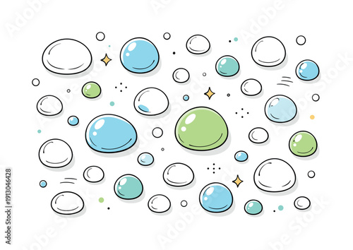    Condensation close-ups. Abstract droplets on a smooth surface arranged in a soft scattered pattern, varying in size and opacity. Conceptual