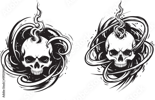 Abstract black and white illustrations of skulls with swirling smoke or energy, evoking mystery and dark art