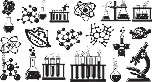 Science and chemistry laboratory icons and symbols illustration set