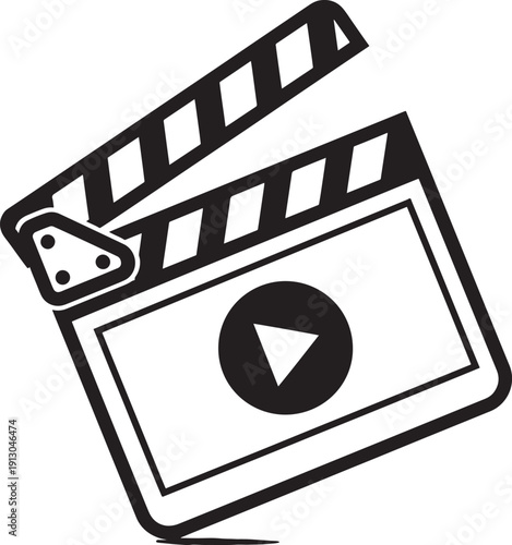 Sleek black and white illustration of a film clapperboard with a play button icon, symbolizing movie production