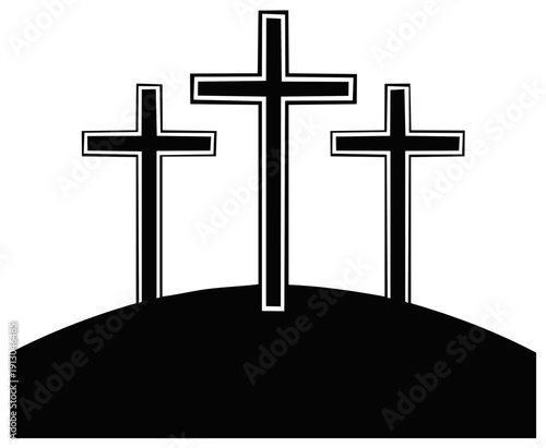 Three Christian Cross Symbols on a Hill in Black and White Silhouette