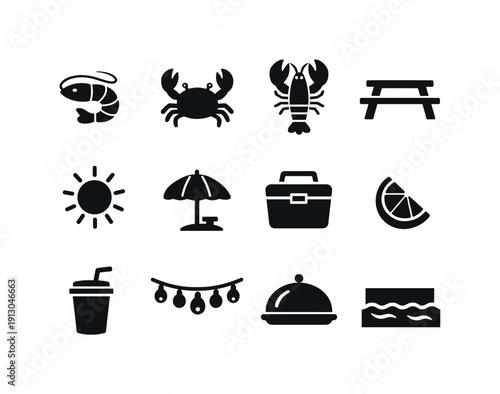   Summer seafood celebration. Solid icon set of Summer seafood celebration: shrimp, crab, lobster, outdoor table, sun icon, beach umbrella,