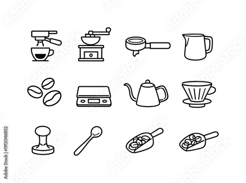 Artisan Coffee Icons. Artisan Coffee Experience. Line icon set of Artisan Coffee Experience: espresso shot, coffee grinder, portafilter, milk pitcher, latte