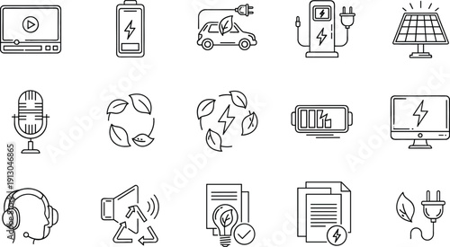 Green energy and eco technology line icon set featuring electric car charging, solar panel, recycle symbol, battery power, and sustainable environment icons.