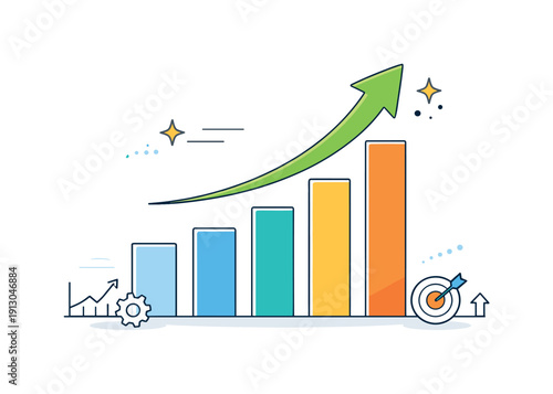   Growth arrows and charts. A clean editorial scene with an upward arrow emerging from a simple bar chart, surrounded by light abstract