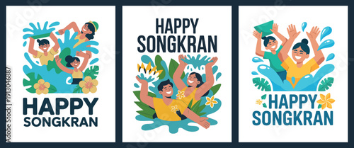 Happy Songkran Festival Greeting with Playful Water Splash and Colorful Design