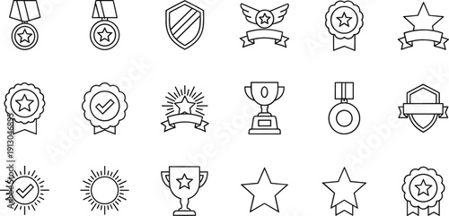 Achievement and award line icon set featuring gold medals, trophies, stars, winner ribbons, champion badges, and victory shields for business success recognition.