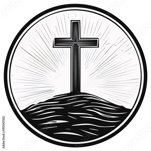 Christian Cross Silhouette Rising Above Textured Hill Under Radial Light Rays