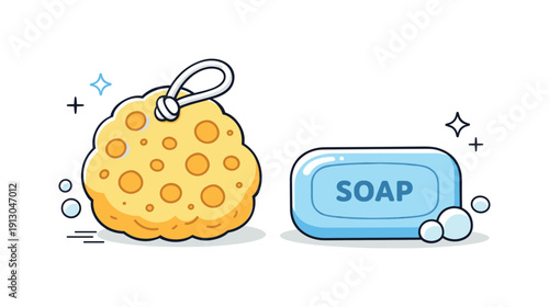 Bath sponge and soap. A bath sponge placed next to a soap bar, neatly arranged and balanced. The composition feels fresh, simple, and