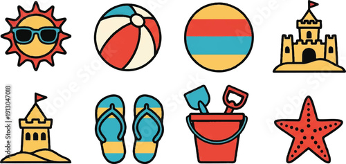 Beach icon set sun ball sandcastle flip flops bucket starfish