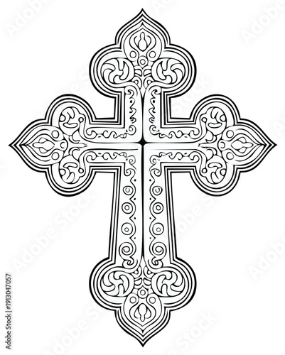 Ornate Eastern Orthodox cross design with intricate swirls and patterns religious Christian symbol spirituality