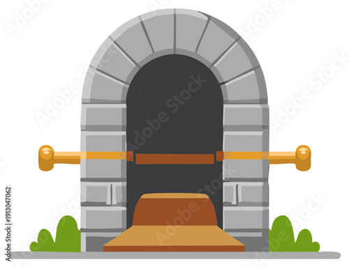 Ancient stone archway locked with a heavy beam, a fantasy dungeon or castle gate vector illustration