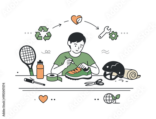   Sustainable sports equipment repair. A person repairing sports gear with simple tools instead of replacing it, focused and calm interaction.