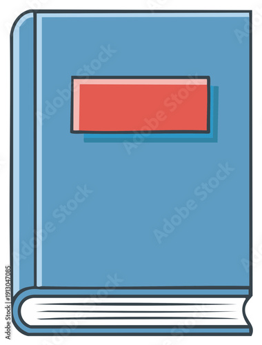 Simple cartoon illustration of a closed blue hardcover book with a red label
