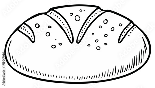 Hand Drawn Outline of a Crusty Round Loaf of Bread with Scoring and Bubbles
