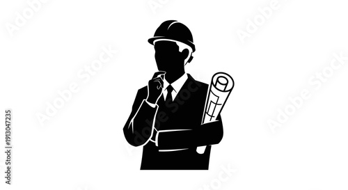 Businessman in hard hat holding plans.