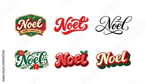  Festive Noel Lettering. Set lettering. harmonious lettering variations of the same emblematic concept, each with different artistic