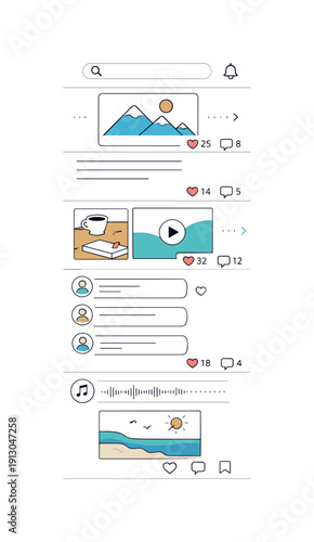 Social media life. Abstract feed of posts, images, and comments arranged in a clean vertical layout. Quiet rhythm of scrolling and