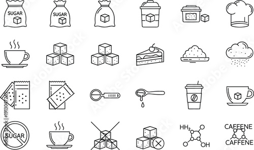 Sugar and caffeine line icon set featuring sugar cubes, coffee cups, tea, bags of sugar, healthy diet symbols, and chemical molecule structure.