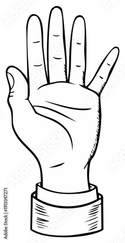 Illustration of a human hand with four fingers and thumb extended upwards showing a palm gesture