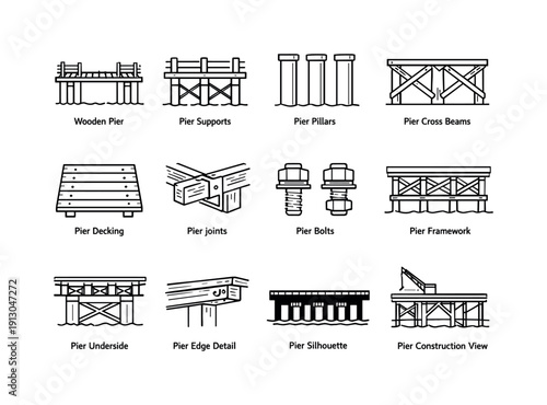 Pier structure. Line icon set of Pier structure: wooden pier, pier supports, pier pillars, pier cross beams, pier decking, pier joints, pier