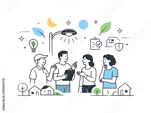 Community streetlight program. Residents discuss new shielded, low-glare streetlights being installed in the neighborhood, abstract floating