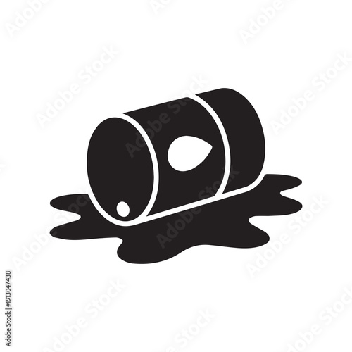 Black oil barrel lying on spilled oil puddle in white background