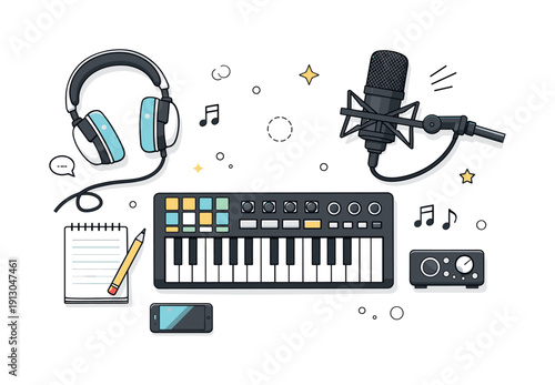 Recording studios and music production. A clean flat-lay style scene with studio equipment such as headphones, a microphone, and a MIDI