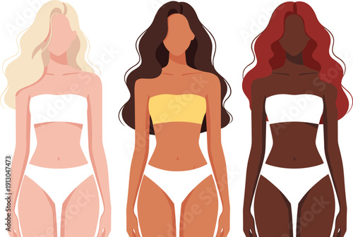 Three women in underwear of different skin tones faceless white background