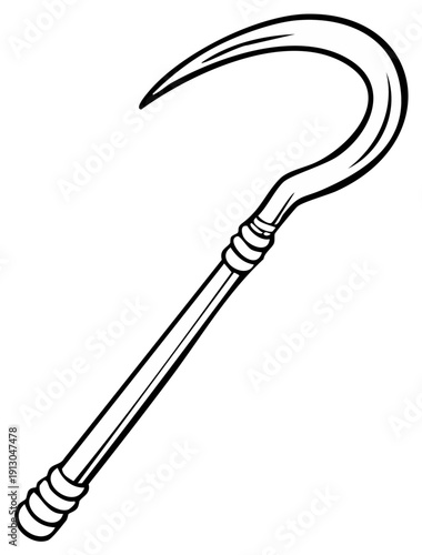 Illustration of a Scythe Tool with Curved Blade and Decorated Handle