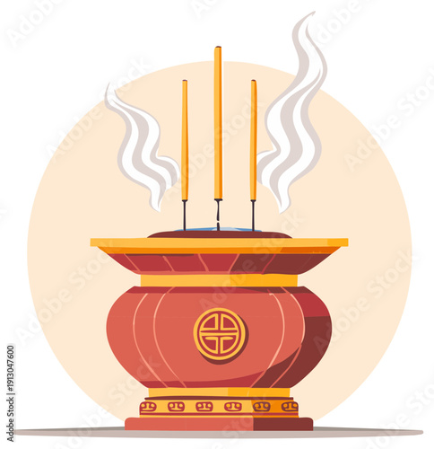 Incense Sticks Burning with Smoke in a Traditional Pot, Offering for Praying, Buddhist Culture