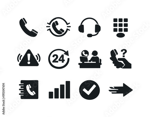   Emergency helplines. Solid icon set of emergency helplines: emergency phone handset, SOS call symbol, hotline operator headset, emergency