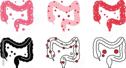 Human colon and large intestine medical vector icon set showing digestive tract health, inflammation, gut bacteria, and anatomy for healthcare infographics.