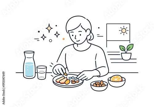 Mindful snack prep at a sunny kitchen counter. A person calmly arranging fruit slices and nuts on a small plate, floating abstract stars and