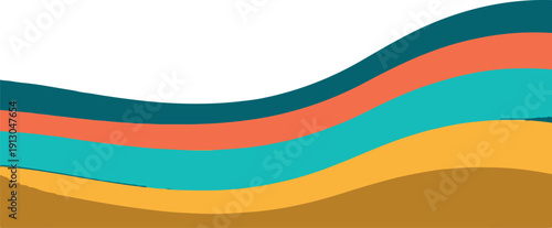 A colorful abstract illustration of wavy lines in shades of blue, orange, teal, and brown.