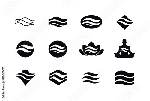 Meditative moment. Icon set. Set Logo of Meditative moment: breathing wave lines. harmonious logo variations of the same emblematic concept,