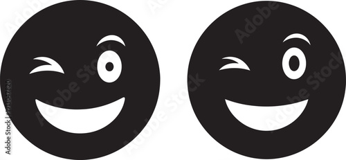 Two black and white winking smiley face icons with cheerful, playful expressions.