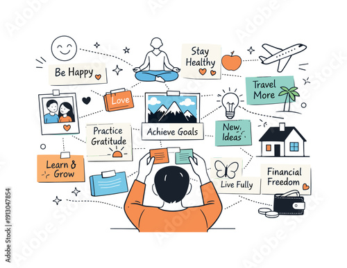 A person creating a vision board with emotional goals and aspirations for the future. An abstract editorial composition showing emotion