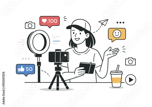 Social media life. Content creator recording a short video with simple lighting and floating engagement icons. Focused, optimistic mood of
