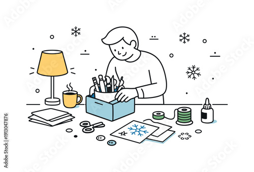    Ending a winter craft evening. Person cleaning up craft tools and materials, soft lamp light and relaxed mood, calm closure to a creative