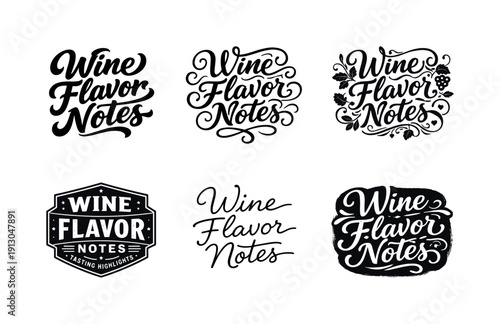 Artisan wine flavor notes lettering. Set lettering. harmonious lettering variations of the same emblematic concept, each with different
