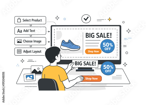 Instruction for promo setup. A person following clear step-by-step cards on a screen, arranging elements in a neat promotional layout. The