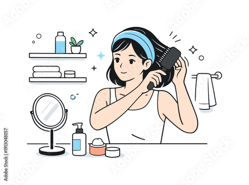Hair styling with a cosmetic headband. A clean bathroom scene where a person styles hair while wearing a fabric headband, keeping strands