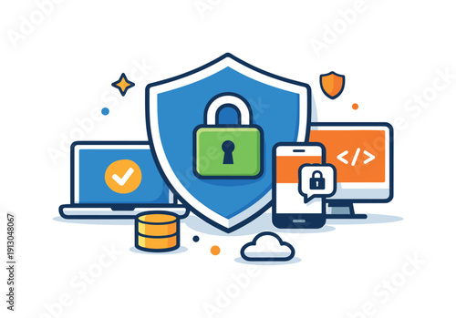 Cyber security concept digital protection visualized through a secure shield surrounding connected devices, expressing safety, trust, and