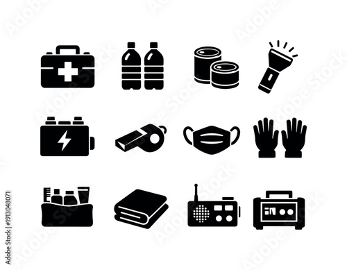    Emergency Supplies. Solid icon set of Emergency Supplies: first aid kit, bottled water, canned food, flashlight, battery pack, whistle, face